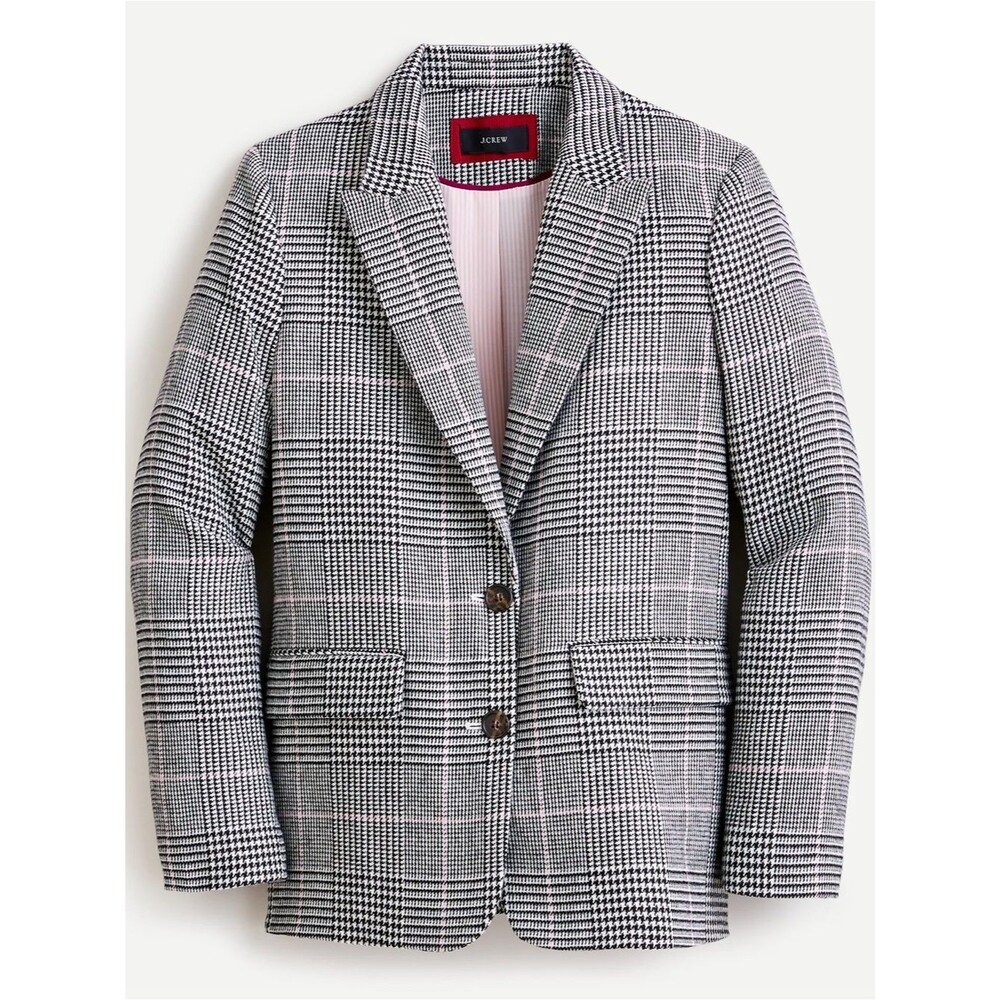 J.Crew Nello Gori Wool Boyfriend Blazer Black Plaid Pink‎ Lining Collar Size 10